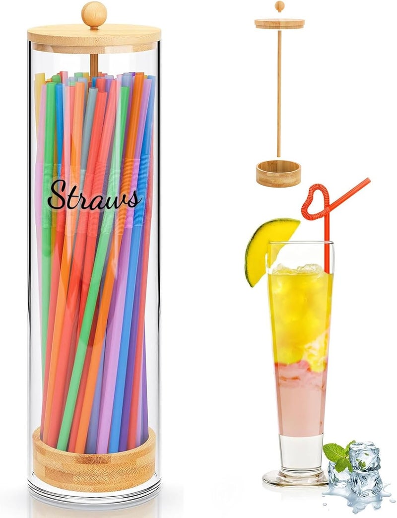 JYPS Acrylic Straw Holder 100 Pcs Colored Straws Includ, 13 Inch Clear Drinking Straw Organizer Container with Bamboo Lid & Sticker for Plastic Straws, Straw Organizer for Kitchen - Image 1